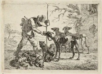 Chasseur avec sept chiens