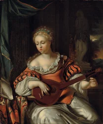 Une dame jouant du luth dans un portique