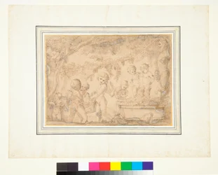 Putti et satyres enfants pressant des raisins
