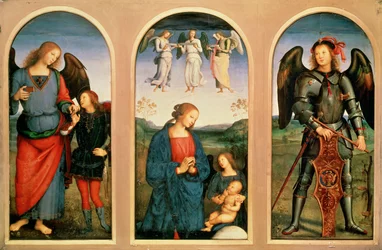 La vierge avec les anges, à gauche et à droite Archanges Raphaël avec le jeune Tobias et le poisson et Raphaël ... (peinture sur toile)
