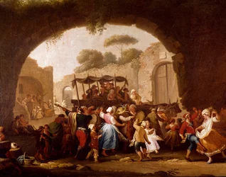 Scène de danse et fête populaire à Naples, détail. Danseurs de tarentelle (tarentelle, tarentelle). Pietro Fabris (actif entre 1763 et 1776), XVIIIe siècle, Naples, Museo Nazionale di San Martino