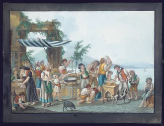 Mangeurs de spaghettis dans la baie de Naples, le Vésuve en arrière-plan (gouache sur papier)