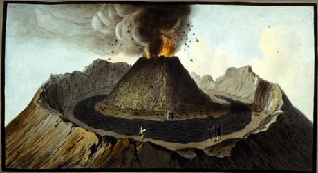 Le Vésuve en éruption. Cette gouache a été réalisée par Pierre Fabris, à la demande de Sir William Hamilton, ambassadeur anglais à Naples. Bibl. Braidense, Milan