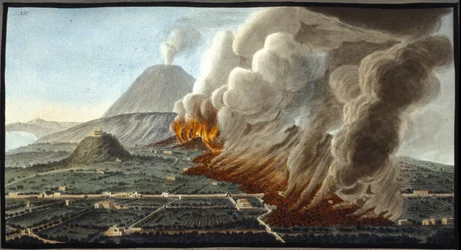 Le Vésuve en éruption. Cette gouache a été réalisée par Pierre Fabris, à la demande de Sir William Hamilton, ambassadeur anglais à Naples. Bibl. Braidense, Milan