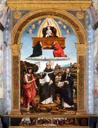 Odigitria Madone avec Saints Jean-Baptiste, Antonin de Florence et Nicolas de Tolentino, signé et daté