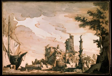 Port maritime, décor de scène pour une pièce de théâtre, 1818