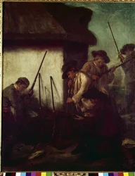 Chasse dans la vallée : la préparation des fusils (La caccia in valle : Preparazione degli schioppi) - Peinture par Pietro Longhi (1702-1785)