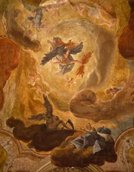 Italie, Venise, Grand Escalier du Palazzo Sagredo, chute des géants, fresque par Pietro Longhi