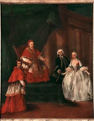 Représentation du pape Clément XIII (1693-1769) avec son neveu Ludovico Rezzonico et son épouse Faustina Savorgnan Peinture de Pietro Longhi (1702-1785) 1758-1762 Dim. 52x50 cm