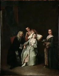 La femme malade. Visite du médecin prenant le pouls de la malade. Peinture de Pietro Longhi (1741)