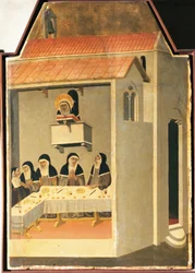 La Bienheureuse Humilité lisant miraculeusement dans le réfectoire de Santa Perpetua, carreau du retable de la Bienheureuse Humilité par Pietro Lorenzetti