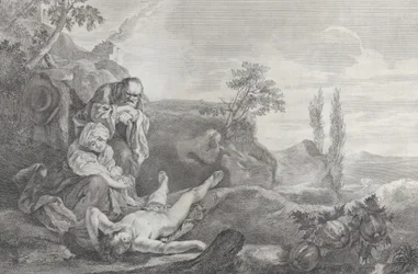 Adam et Ève à gauche, en couple âgé, pleurant sur le corps d