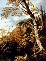 Paysage boisé avec un ermite