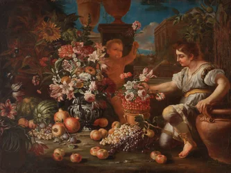 Un garçon et un putto parmi les fleurs et les fruits