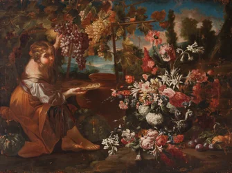 Une fille parmi les fleurs et les fruits