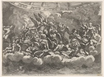 Rassemblement de divers dieux olympiens et figures mythologiques parmi les nuages, Apollon au centre..., vers 1680