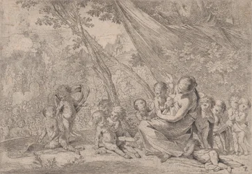 Le jardin de la charité, femme représentant la Charité à droite entourée d