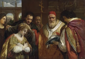 Flavia Domitilla ou sainte Domitille recevant le voile du pape Clément Ier