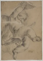 Putto volant soulevant un rideau