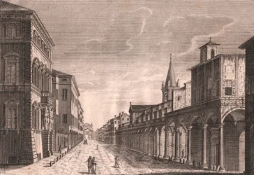 Vue de la Strada Maggiore à Bologne, Émilie-Romagne, Italie (gravure sur cuivre par C Lambertini d