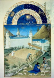 Juillet : « Le château de Poitiers, scène de moisson et de tonte » (miniature flamande de Pol De Limbourg)