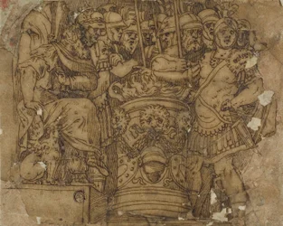 Mucius Scaevola mettant sa main dans la flamme devant Porsenna