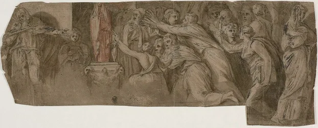 Histoire de Niobé : Prêtres et adorateurs devant une statue de Niobé