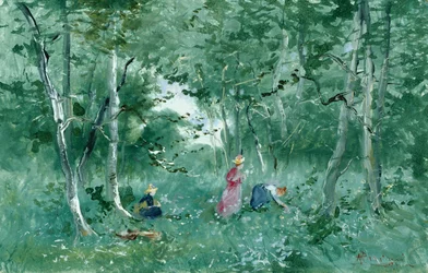 Dames élégantes cueillant des fleurs dans un bois