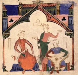 Fol.4r Musiciens jouant des castagnettes et un psaltérion, du Chansonnier des Nobles