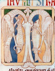 En-tête décoré de hérons et de poissons