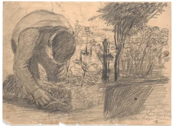 Père pleurant sur la tombe de la mère