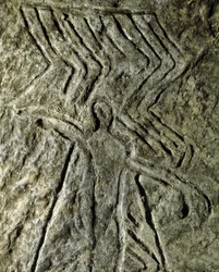 Préhistoire, art rupestre : pétroglyphe (graffiti sur pierre) représentant une figure humaine. Néolithique, Âge de pierre. (Azerbaïdjan) Âge du bronze. Bakou, Musée national d