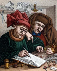 Prêteurs sur gages. Cette activité a conduit à la création des banques. Illustration inspirée de la peinture de Metsys. 19e siècle