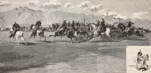 Exercices de cavalerie le 17 septembre, avec lancier à droite, Pordenone, Italie (gravure)