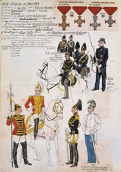 Gendarmes, soldats de marine et officiers du 3e régiment de cavalerie archiduc Maximilien, uniformes de l
