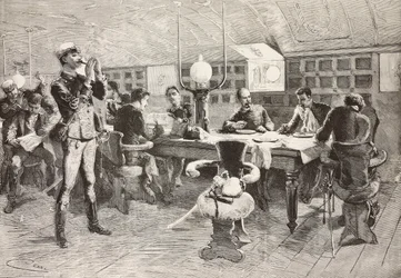 Officiers italiens dans la cabine du navire Gottardo, expédition italienne en mer Rouge (gravure)