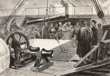Marins et officiers italiens mettant en place le navire Gottardo, expédition italienne en mer Rouge, Palerme, Italie, gravure d