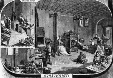 Bureaux des frères Treves, département de fonte de caractères et de stéréotypie, Milan, Italie, illustration de Quinto Cenni