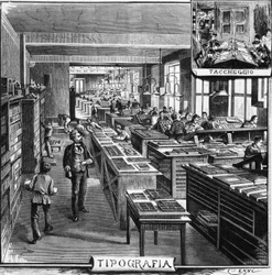 Bureaux des frères Treves, typographie et superposition, Milan, Italie, illustration de Quinto Cenni