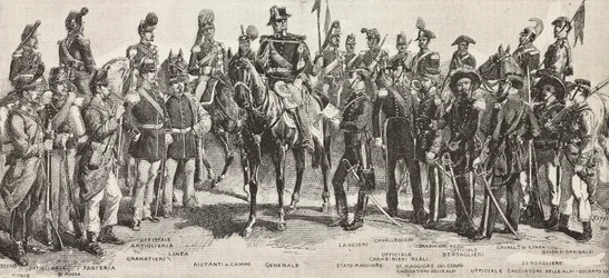 Armée piémontaise en 1859 : fantassins, artilleurs, ingénieurs, grenadiers, officiers, généraux, lanciers, cavaliers, tireur, gravure d