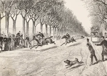 Trois officiers de la résistance participant à une course de chevaux, troisième régiment de Savoie, entre Milan et Monza, Italie, gravure d
