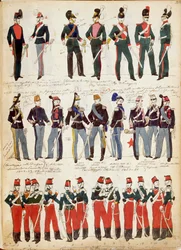 Divers uniformes italiens en usage vers 1860 par Quinto Cenni, planche en couleur