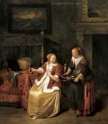 Intérieur avec une jeune femme et une servante tenant un plat de poisson