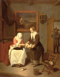 Intérieur avec une dame choisissant du poisson