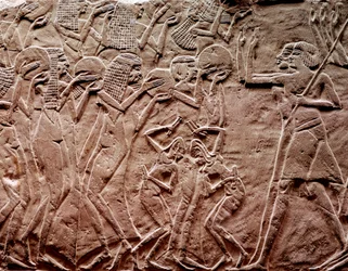 Offrande de tribut, sculpture en relief égyptienne ancienne