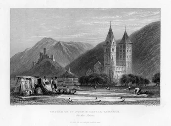 Église Saint-Jean et château Lahneck sur le Rhin, 1838