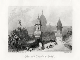 Ghat et Temple à Gokul, Inde, vers 1838