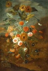 Roses, œillets, tournesols dans un vase avec des papillons, grenouilles, insectes