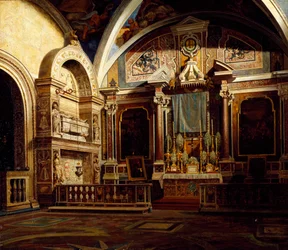Intérieur de San Domenico Maggiore, par Raffaele Armando Califano Mundo (1857-1930), huile sur toile, 50x70 cm.