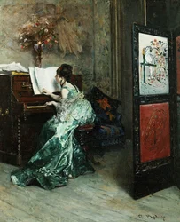 Une dame jouant du piano dans un intérieur